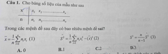 Cho bảng số liệu của mẫu như sau
Trong các mệnh đề sau đây có bao nhiêu mệnh đề sai?
overline x= 1/n sumlimits _(i=1)^nn_ix_i(1) hat S^(2=frac 1)nsumlimits _(i=1)^nn_ix_i^(2-(overline x))^2(2)
S^2= n/n-1 S^2(3)
A. 0 B.1 C.2 D.3