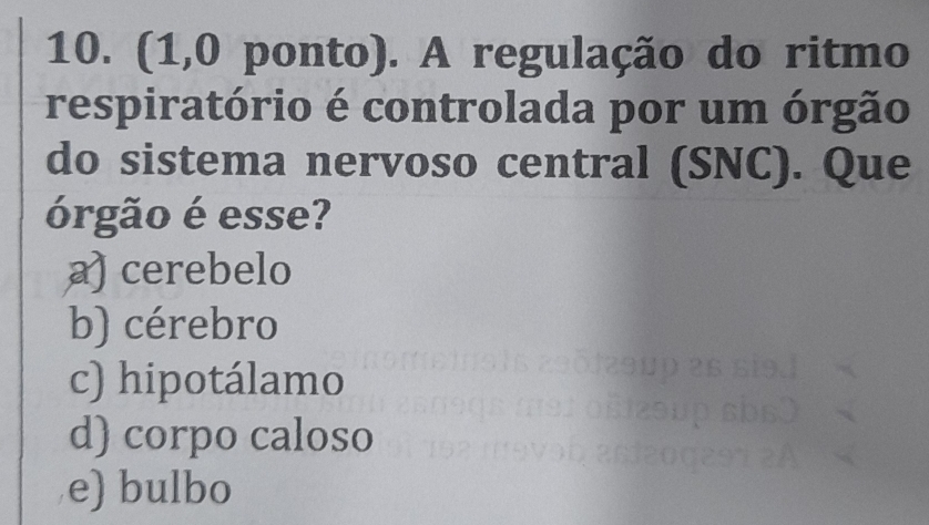 (1,0 ponto). A regulação do ritmo
respiratório é controlada por um órgão
do sistema nervoso central (SNC). Que
órgão é esse?
a) cerebelo
b) cérebro
c) hipotálamo
d) corpo caloso
e) bulbo