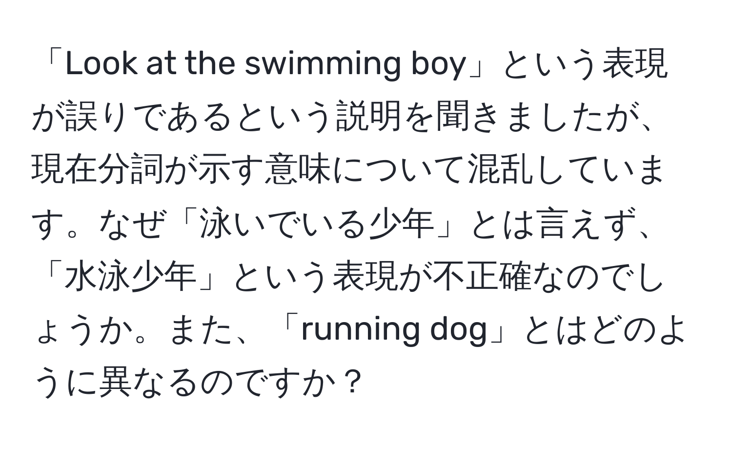 「Look at the swimming boy」という表現が誤りであるという説明を聞きましたが、現在分詞が示す意味について混乱しています。なぜ「泳いでいる少年」とは言えず、「水泳少年」という表現が不正確なのでしょうか。また、「running dog」とはどのように異なるのですか？