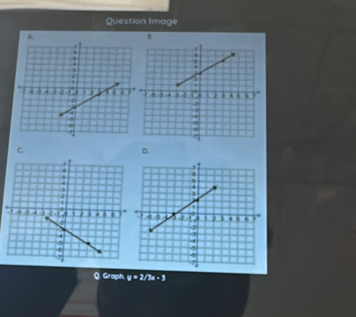 Question Image 
4, 
B 
C. 
D. 
Graph y=2/3x-3