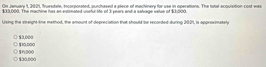 On January 1, 2021, Truesdale, Incorporated, purchased a piece of machinery for use in operations. The total acquisition cost was
$33,000. The machine has an estimated useful life of 3 years and a salvage value of $3,000.
Using the straight-line method, the amount of depreciation that should be recorded during 2021, is approximately
$3,000
$10,000
$11,000
$30,000