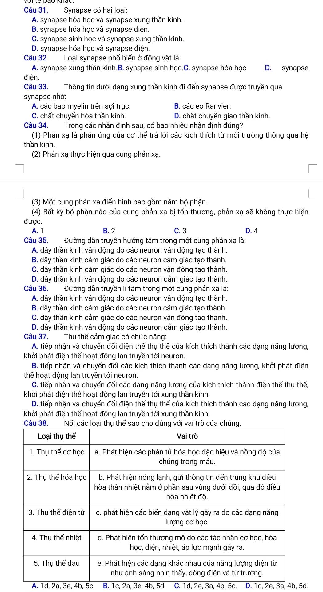Synapse có hai loại:
A. synapse hóa học và synapse xung thần kinh.
B. synapse hóa học và synapse điện.
C. synapse sinh học và synapse xung thần kinh.
D. synapse hóa học và synapse điện.
Câu 32. Loại synapse phổ biến ở động vật là:
A. synapse xung thần kinh.B. synapse sinh học.C. synapse hóa học D. synapse
điện.
Câu 33. Thông tin dưới dạng xung thần kinh đi đến synapse được truyền qua
synapse nhờ:
A. các bao myelin trên sợi trục. B. các eo Ranvier.
C. chất chuyển hóa thần kinh. D. chất chuyển giao thần kinh.
Câu 34. Trong các nhận định sau, có bao nhiêu nhận định đúng?
(1) Phản xạ là phản ứng của cơ thể trả lời các kích thích từ môi trường thông qua hệ
thần kinh.
(2) Phản xạ thực hiện qua cung phản xạ.
(3) Một cung phản xạ điển hình bao gồm năm bộ phận.
(4) Bất kỳ bộ phận nào của cung phản xạ bị tổn thương, phản xạ sẽ không thực hiện
được.
A. 1 B. 2 C. 3 D. 4
Câu 35. Đường dẫn truyền hướng tâm trong một cung phản xạ là:
A. dây thần kinh vận động do các neuron vận động tạo thành.
B. dây thần kinh cảm giác do các neuron cảm giác tạo thành.
C. dây thần kinh cảm giác do các neuron vận động tạo thành.
D. dây thần kinh vận động do các neuron cảm giác tạo thành.
Câu 36. Đường dẫn truyền li tâm trong một cung phản xạ là:
A. dây thần kinh vận động do các neuron vận động tạo thành.
B. dây thần kinh cảm giác do các neuron cảm giác tạo thành.
C. dây thần kinh cảm giác do các neuron vận động tạo thành.
D. dây thần kinh vận động do các neuron cảm giác tạo thành.
Câu 37. Thụ thể cảm giác có chức năng:
A. tiếp nhận và chuyển đổi điện thế thụ thể của kích thích thành các dạng năng lượng,
khởi phát điện thế hoạt động lan truyền tới neuron.
B. tiếp nhận và chuyển đổi các kích thích thành các dạng năng lượng, khởi phát điện
thể hoạt động lan truyền tới neuron.
C. tiếp nhận và chuyển đổi các dạng năng lượng của kích thích thành điện thế thụ thể,
khởi phát điện thế hoạt động lan truyền tới xung thần kinh.
D. tiếp nhận và chuyển đổi điện thế thụ thể của kích thích thành các dạng năng lượng,
khởi phát điện thể hoạt động lan truyền tới xung thần kinh.
A. 1d, 2a, 3e, 4b, 5c. B. 1c, 2a, 3e, 4b, 5d. C. 1d, 2e, 3a, 4b, 5c. D. 1c, 2e, 3a, 4b, 5d.