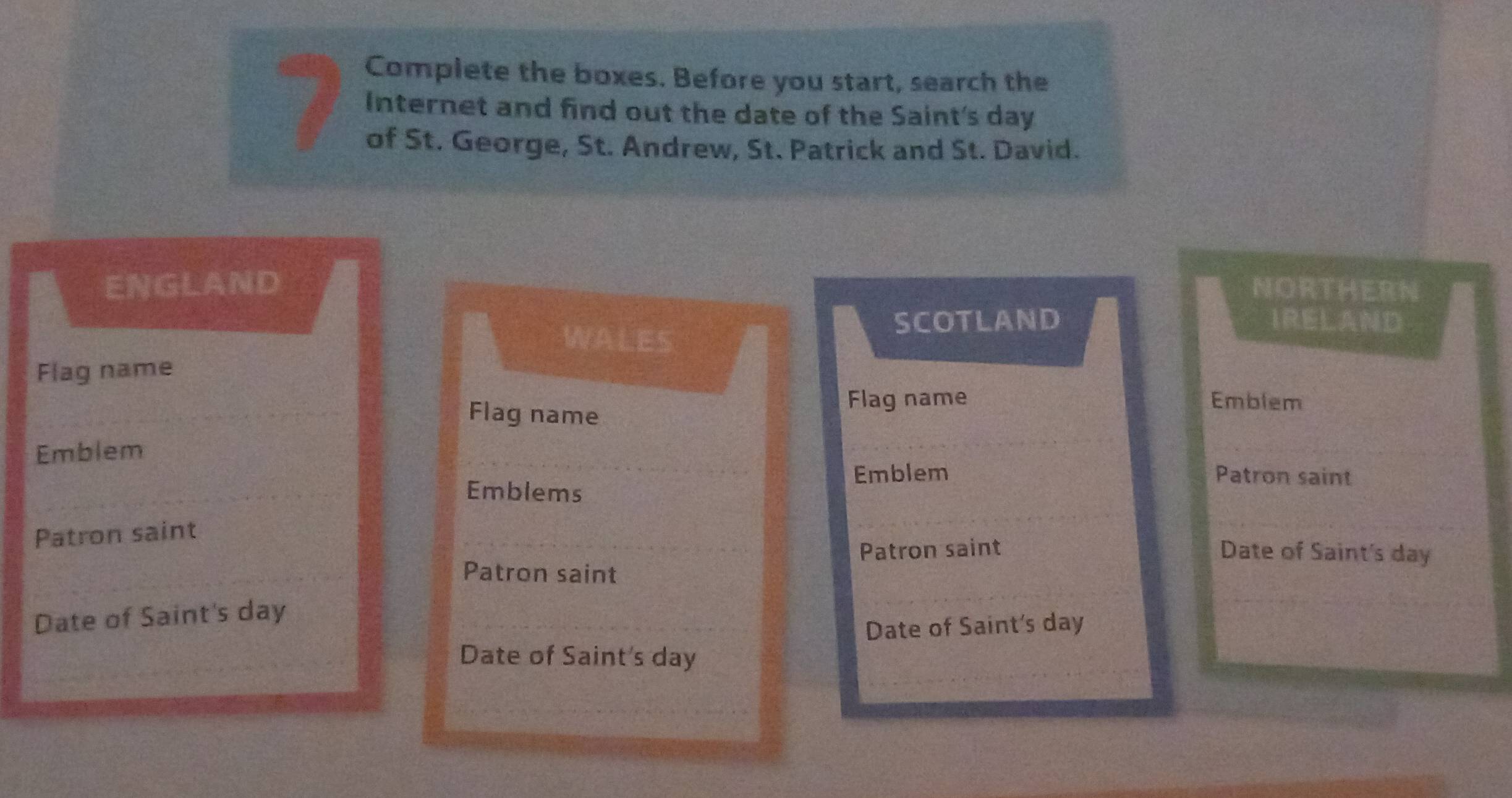 Complete the boxes. Before you start, search the 
Internet and find out the date of the Saint's day 
of St. George, St. Andrew, St. Patrick and St. David. 
ENGLAND NORTHERN 
SCOTLAND IRELAND 
WALES 
Flag name 
Flag name 
Flag name Emblem 
Emblem 
Emblem Patron saint 
Emblems 
Patron saint 
Patron saint Date of Saint's day 
Patron saint 
Date of Saint's day 
Date of Saint's day 
Date of Saint's day