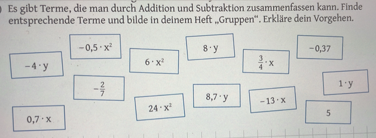 Es gibt Terme, die man durch Addition und Subtraktion zusammenfassen kann. Finde 
entsprechende Terme und bilde in deinem Heft „,Gruppen“. Erkläre dein Vorgehen.
-0,5· x^2 -0,37
8· y
-4· y
6· x^2
 3/4 · x
- 2/7 
1· y
8,7· y -13· x
24· x^2
5
0,7· x