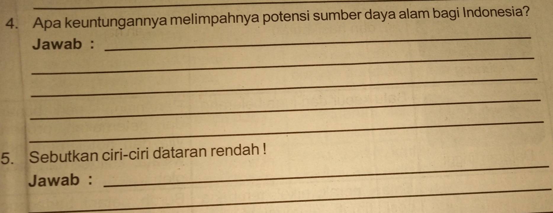 Apa keuntungannya melimpahnya potensi sumber daya alam bagi Indonesia? 
_ 
Jawab : 
_ 
_ 
_ 
_ 
_ 
5. Sebutkan ciri-ciri dataran rendah ! 
_ 
Jawab :