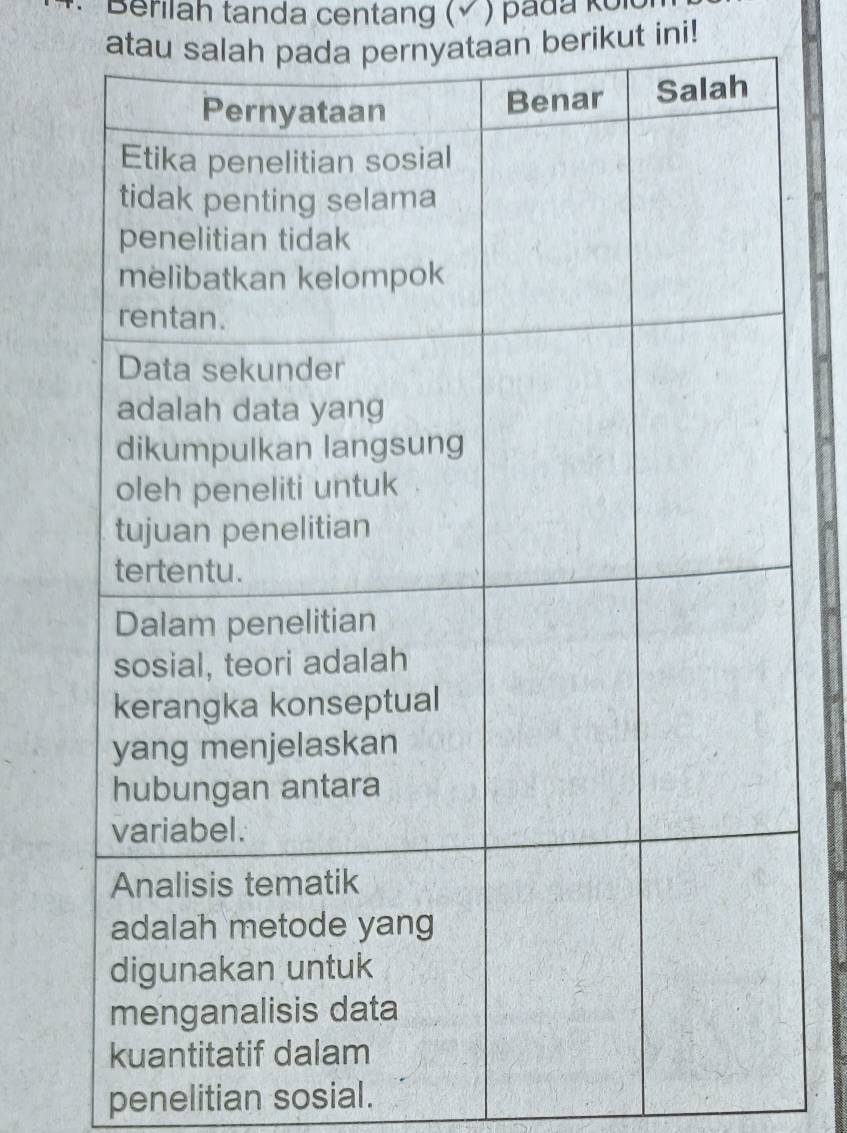 Berilah tanda centang (√ ) pada Koi 
atau salah pada pernyataan berikut ini! 
penelitian sosial.