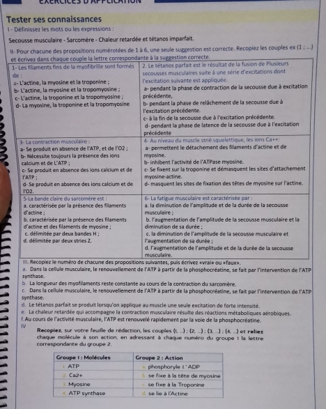 Tester ses connaissances
1- Définissez les mots ou les expressions :
Secousse musculaire - Sarcomère - Chaleur retardée et tétanos imparfait.
II- Pour chacune des propositions numérotées de 1 à 6, une seule suggestion est correcte. Recopiez les couples ex (1 : ...)
a. Dans la cellule musculaire, le renouvellement de l'ATP à partir de la phosphocréatine, se fait par l'intervention de l'ATP
synthase. b. La longueur des myofilaments reste constante au cours de la contraction du sarcomère.
c. Dans la cellule musculaire, le renouvellement de l'ATP à partir de la phosphocréatine, se fait par l'intervention de l'ATP
synthase.
d. Le tétanos parfait se produit lorsqu'on applique au muscle une seule excitation de forte intensité.
e La chaleur retardée qui accompagne la contraction musculaire résulte des réactions métaboliques aérobiques.
f Au cours de l'activité musculaire, l'ATP est renouvelé rapidement par la voie de la phosphocréatine.
Recopiez, sur votre feuille de rédaction, les couples (1, ...) ; (2, ...) ; (3, ...) ; (4, ..) et reliez
correspondante du groupe 2 chaque mollécule à son action, en adressant à chaque numéro du groupe I la lettre