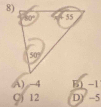 A) -4 B) -1
C) 12 D)-5