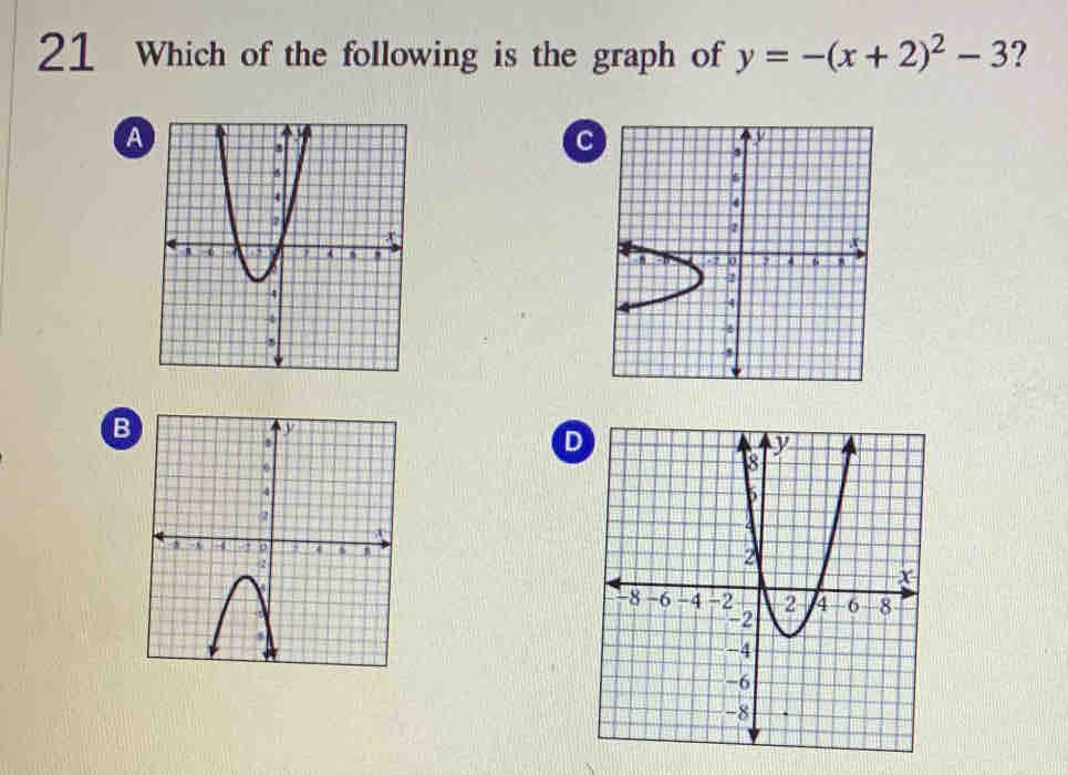 Which of the following is the graph of y=-(x+2)^2-3 ? 

B 
D