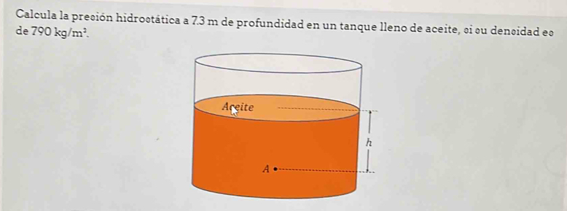 Calcula la presión hidrostática a 7.3 m de profundidad en un tanque lleno de aceite, si su densidad es 
de 790kg/m^2.