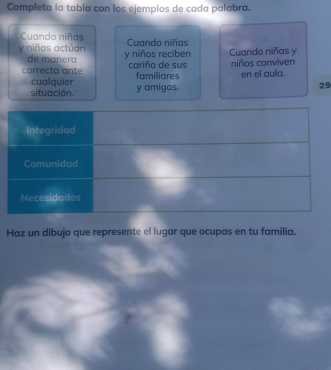 Completa la tabla con los ejemplos de cada palabra. 
Cuando niñas 
Cuando niñas 
y niños actúan 
de manera 
y niños reciben Cuando niñas y 
cariño de sus 
correcta ante niños conviven 
familiares 
cualquier en el aula. 
situación. 
y amigos. 29
Haz un dibujo que represente el lugar que ocupas en tu familia.