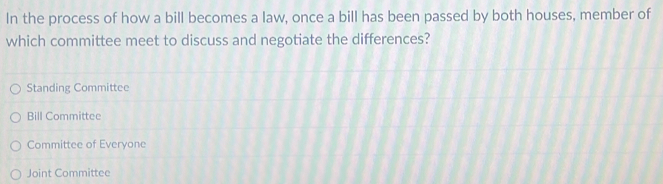 In the process of how a bill becomes a law, once a bill has been passed by both houses, member of
which committee meet to discuss and negotiate the differences?
Standing Committee
Bill Committee
Committee of Everyone
Joint Committee