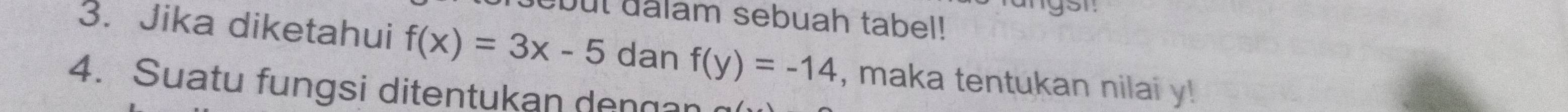 angst. 
`but dalam sebuah tabel! 
3. Jika diketahui f(x)=3x-5 dan f(y)=-14 , maka tentukan nilai y! 
4. Suatu fungsi ditentukan dengan