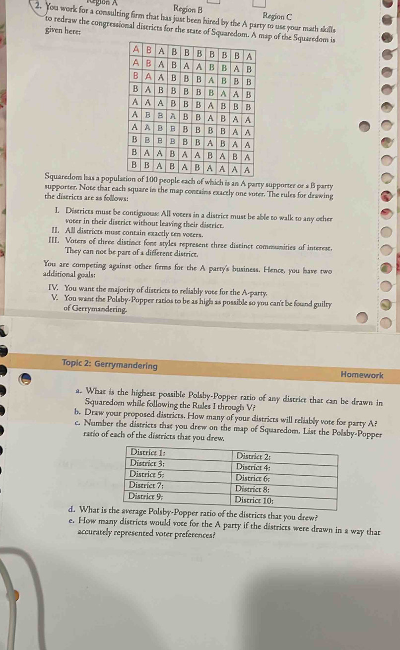 Región A Region B 
Region C 
2. You work for a consulting firm that has just been hired by the A party to use your math skills 
to redraw the congressional districts for the state of Squaredom.ap of the Squaredom is 
given here: 
Squaredom has a popu00 people each of which is an A party supporter or a B party 
supporter. Note that each square in the map contains exactly one voter. The rules for drawing 
the districts are as follows: 
I. Districts must be contiguous: All voters in a district must be able to walk to any other 
voter in their district without leaving their district. 
II. All districts must contain exactly ten voters. 
III. Voters of three distinct font styles represent three distinct communities of interest. 
They can not be part of a different district. 
You are competing against other firms for the A party's business. Hence, you have two 
additional goals: 
IV, You want the majority of districts to reliably vote for the A-party. 
V. You want the Polsby-Popper ratios to be as high as possible so you can't be found guilty 
of Gerrymandering. 
Topic 2: Gerrymandering Homework 
a. What is the highest possible Polsby-Popper ratio of any district that can be drawn in 
Squaredom while following the Rules I through V? 
b. Draw your proposed districts. How many of your districts will reliably vote for party A? 
c. Number the districts that you drew on the map of Squaredom. List the Polsby-Popper 
ratio of each of the districts that you drew. 
d. What the districts that you drew? 
e. How many districts would vote for the A party if the districts were drawn in a way that 
accurately represented voter preferences?