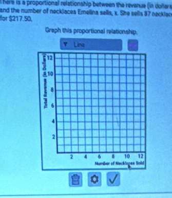 here is a proportional relationship between the revenue (in dollar t 
and the number of necklaces Emelina sells, x. She sells 97 necklan 
for $217.50. 
Graph this proportional relationship. 
L