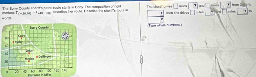 The Surry County sheriff's patrol route starts in Coby. The composition of rigid The sheriff drives □ miles and □ miles from to 
motions T(-20,10)^circ  oT(40,-50) describes her route. Describe the sheriff's route in miles d □ miles to 
v Then she drives □
words. 
v 
(Type whole numbers.) 
Distance in Miles