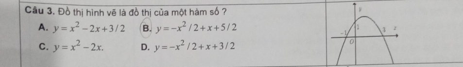 Đồ thị hình vẽ là đồ thị của một hàm số ?
A. y=x^2-2x+3/2 B. y=-x^2/2+x+5/2
C. y=x^2-2x. D. y=-x^2/2+x+3/2