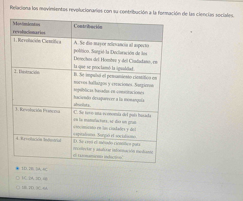 Relaciona los movimientos revolucionarios con su contribución a la formación de las ciencias sociales.
1D, 2B, 3A, 4C
1C, 2A, 3D, 4B
1B, 2D, 3C, 4A