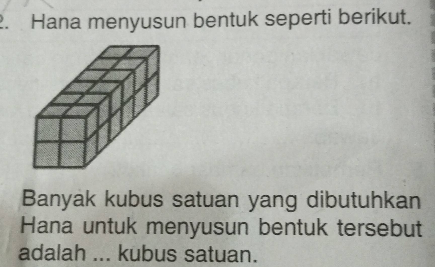 Hana menyusun bentuk seperti berikut. 
Banyak kubus satuan yang dibutuhkan 
Hana untuk menyusun bentuk tersebut 
adalah ... kubus satuan.