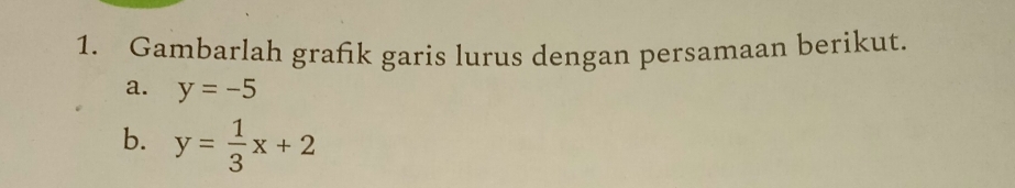 Gambarlah grafik garis lurus dengan persamaan berikut. 
a. y=-5
b. y= 1/3 x+2