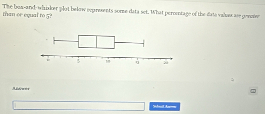 The box-and-whisker plot below represents some data set. What percentage of the data values are greater 
than or equal to 5? 
Answer 
□  Submit Anewer