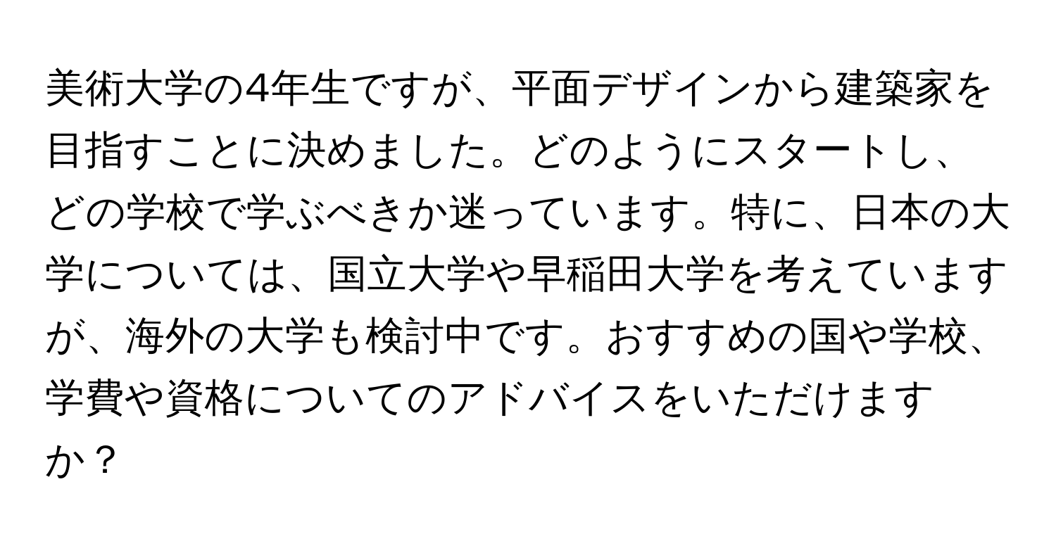 美術大学の4年生ですが、平面デザインから建築家を目指すことに決めました。どのようにスタートし、どの学校で学ぶべきか迷っています。特に、日本の大学については、国立大学や早稲田大学を考えていますが、海外の大学も検討中です。おすすめの国や学校、学費や資格についてのアドバイスをいただけますか？