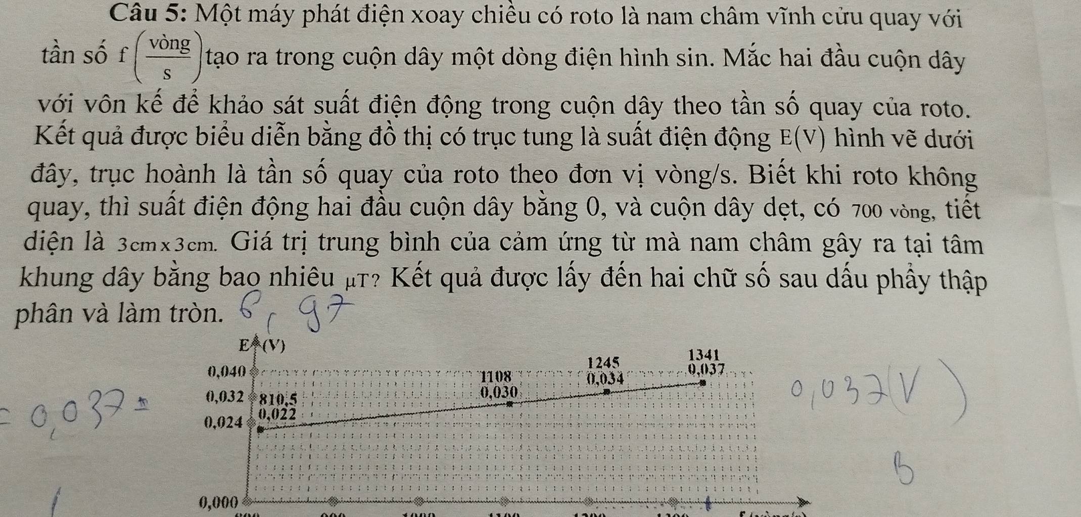 Một máy phát điện xoay chiều có roto là nam châm vĩnh cửu quay với 
tần số f( vong/s ) tạo ra trong cuộn dây một dòng điện hình sin. Mắc hai đầu cuộn dây 
với vôn kế để khảo sát suất điện động trong cuộn dây theo tần số quay của roto. 
Kết quả được biểu diễn bằng đồ thị có trục tung là suất điện động E(V) hình vẽ dưới 
đây, trục hoành là tần số quay của roto theo đơn vị vòng/s. Biết khi roto không 
quay, thì suất điện động hai đầu cuộn dây bằng 0, và cuộn dây dẹt, có 700 vòng, tiết 
diện là 3cm* 3cm 2 Giá trị trung bình của cảm ứng từ mà nam châm gây ra tại tâm 
khung dây bằng bao nhiêu μτ? Kết quả được lấy đến hai chữ số sau dấu phẩy thập 
phân và làm tròn.