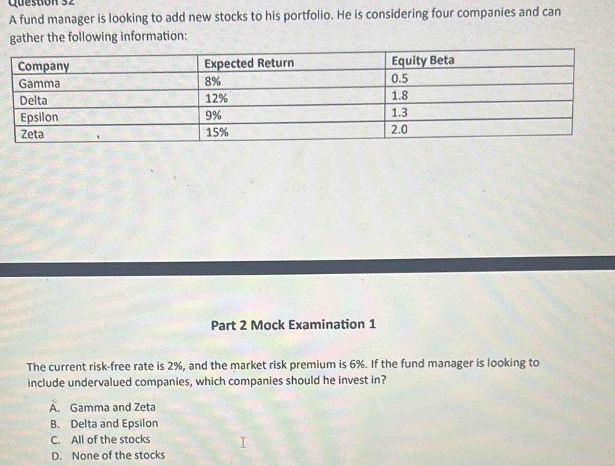 A fund manager is looking to add new stocks to his portfolio. He is considering four companies and can
gather the following information:
Part 2 Mock Examination 1
The current risk-free rate is 2%, and the market risk premium is 6%. If the fund manager is looking to
include undervalued companies, which companies should he invest in?
A. Gamma and Zeta
B. Delta and Epsilon
C. All of the stocks
D. None of the stocks