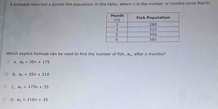 A biologist recorded a pond's fish population in this table, where n is the number of months since March.
Which explicit formula can be used to find the number of fish, a_n , after n months?
A. a_n=35n+175
B. a_n=35n+210
C. a_n=175n+35
D. a_n=210n+35