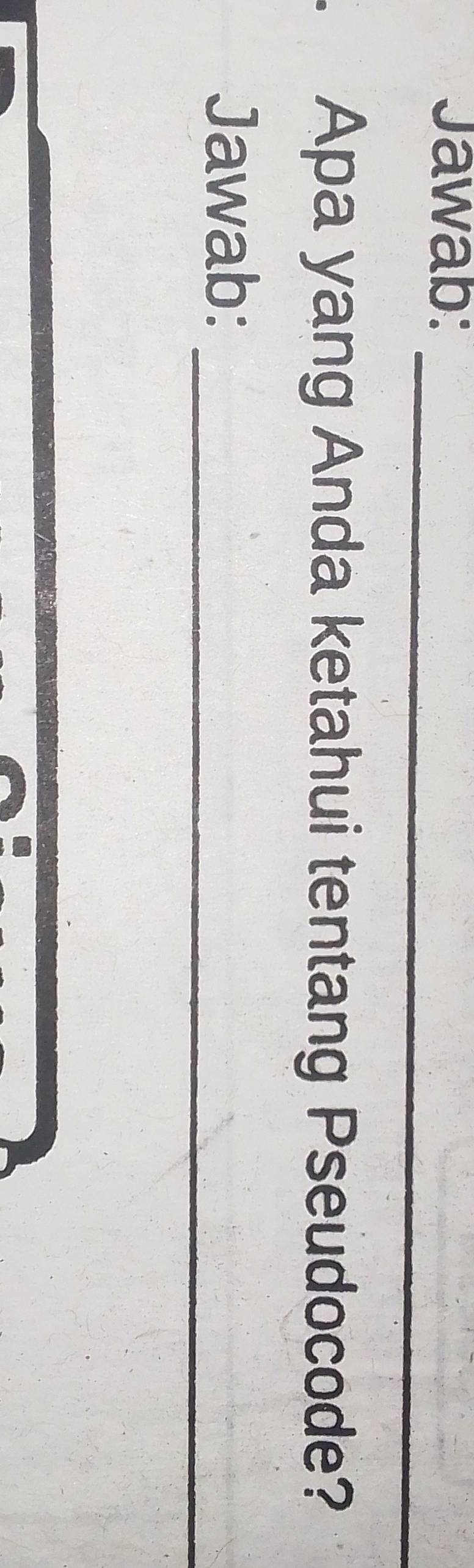 Jawab: 
_ 
Apa yang Anda ketahui tentang Pseudocode? 
Jawab:_