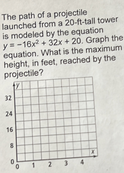 The path of a projectile 
launched from a 20-ft -tall tower 
is modeled by the equation
y=-16x^2+32x+20 , Graph the 
equation. What is the maximum 
height, in feet, reached by the 
jectile?