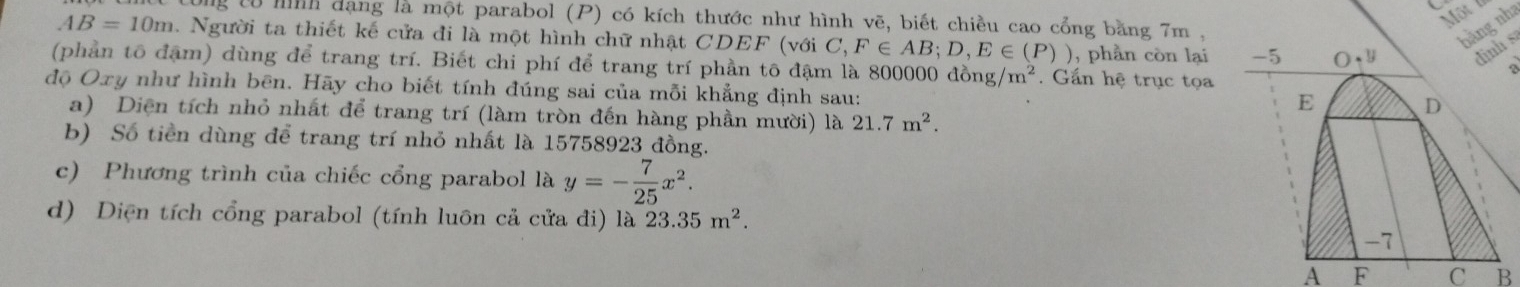 Một l 
ong từ nình dạng là một parabol (P) có kích thước như hình vẽ, biết chiều cao cổng bằng 7m. 
bàng nha
AB=10m 1. Người ta thiết kế cửa đi là một hình chữ nhật CDEF (với C,F∈ AB; D, E∈ (P)) , phần còn lại -5 O· y dinh s 
(phần tổ đặm) dùng để trang trí. Biết chi phí để trang trí phần tô đậm là 800000 dong/m^2. Gấn hệ trục tọa 
độ Oxy như hình bēn. Hãy cho biết tính đúng sai của mỗi khẳng định sau:
E D
a) Diện tích nhỏ nhất để trang trí (làm tròn đến hàng phần mười) là 21.7m^2. 
b) Số tiền dùng để trang trí nhỏ nhất là 15758923 đồng. 
c) Phương trình của chiếc cổng parabol là y=- 7/25 x^2. 
d) Diện tích cổng parabol (tính luôn cả cửa đi) là 23.35m^2.
-7
A F C B