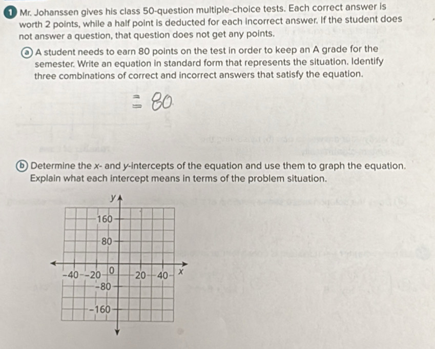 Mr. Johanssen gives his class 50 -question multiple-choice tests. Each correct answer is 
worth 2 points, while a half point is deducted for each incorrect answer. If the student does 
not answer a question, that question does not get any points. 
a) A student needs to earn 80 points on the test in order to keep an A grade for the 
semester. Write an equation in standard form that represents the situation. Identify 
three combinations of correct and incorrect answers that satisfy the equation. 
b) Determine the x - and y-intercepts of the equation and use them to graph the equation. 
Explain what each intercept means in terms of the problem situation.