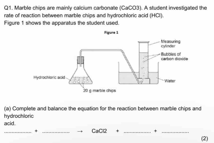 Marble chips are mainly calcium carbonate (CaCO3). A student investigated the 
rate of reaction between marble chips and hydrochloric acid (HCl). 
Figure 1 shows the apparatus the student used. 
(a) Complete and balance the equation for the reaction between marble chips and 
hydrochloric 
acid. 
__+ 
CaCl2+ _ 
_+ 
(2)