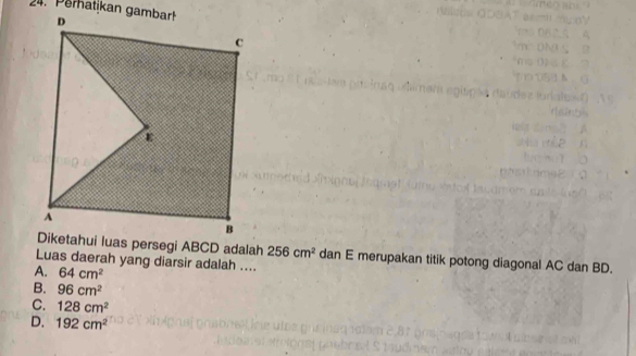 256cm^2 dan E merupakan titik potong diagonal AC dan BD.
Luas daerah yang diarsir adalah ....
A. 64cm^2
B. 96cm^2
C. 128cm^2
D. 192cm^2