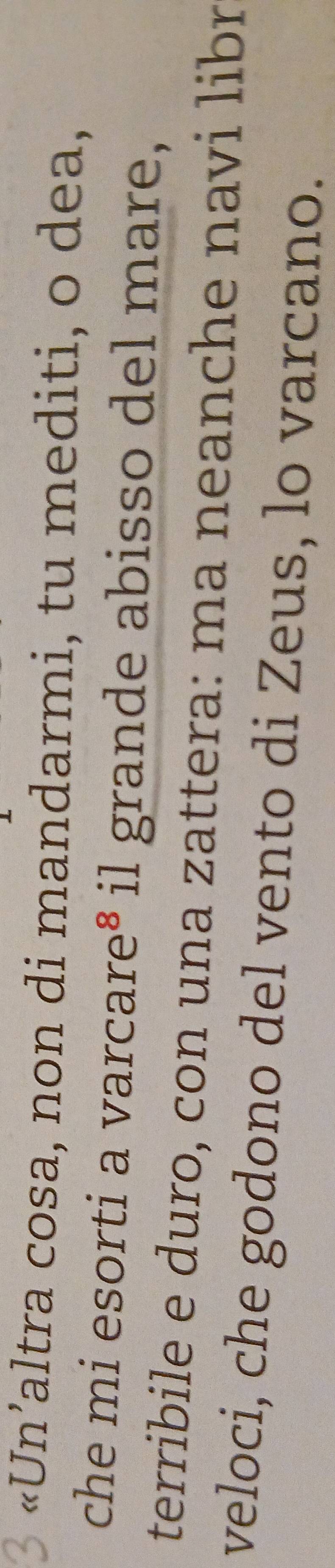 «Un’altra cosa, non di mandarmi, tu mediti, o dea, 
che mi esorti a varcare³ il grande abisso del mare, 
terribile e duro, con una zattera: ma neanche navi libr 
veloci, che godono del vento di Zeus, lo varcano.