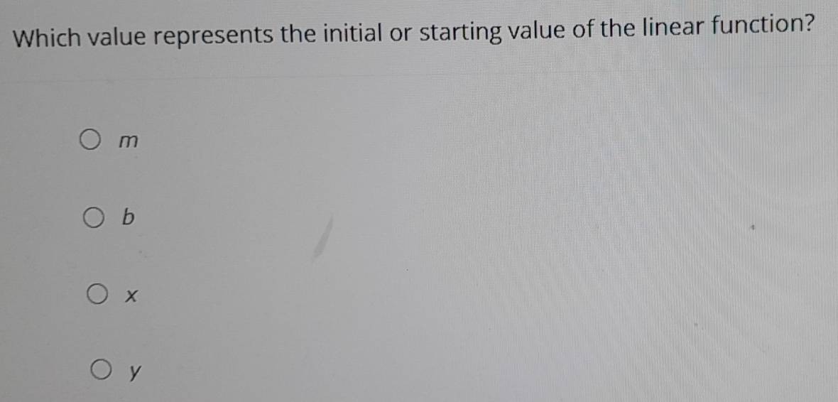 Which value represents the initial or starting value of the linear function?
m
b
x
y