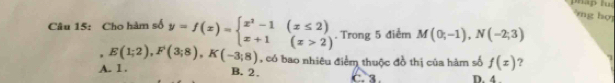 phap lua
'ng hợ
Câu 15: Cho hàm số y=f(x)=beginarrayl x^2-1(x≤ 2) x+1(x>2)endarray.. Trong 5 điểm M(0;-1), N(-2;3). E(1;2), F(3;8), K(-3;8) , có bao nhiêu điểm thuộc đồ thị của hàm số f(x) ?
A. 1. B. 2. C. 3. D. 4.