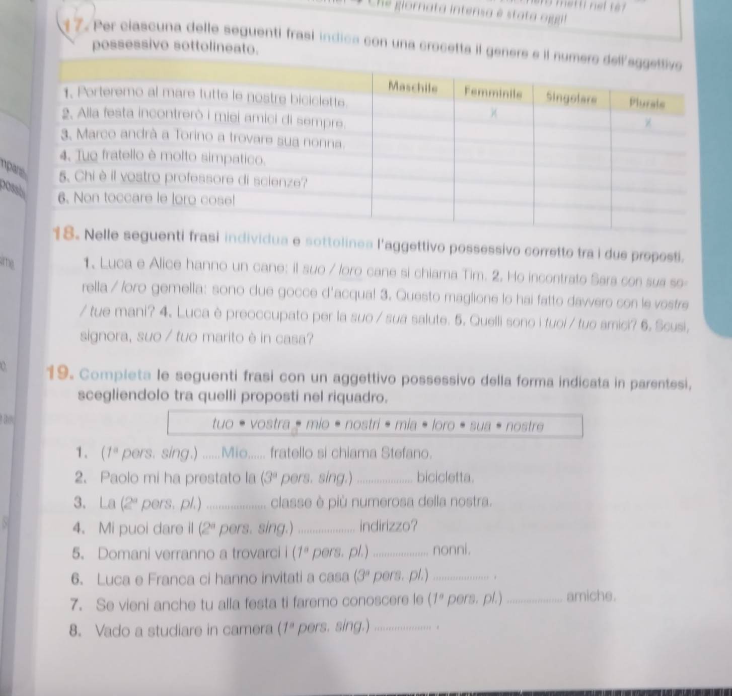 metti nel  te r
Che giornata intensa é stata oggit
7. Per ciascuna delle seguenti frasí indica con una crocetta il g
possessivo sottolineato.
np
00
si individua e sottolines l'aggettivo possessivo corretto tra i due proposti.
me
1, Luca e Alice hanno un cane: il suo / loro cane si chiama Tim. 2. Ho incontrate Sara con sua se-
rella / /oro gemella: sono due gocce d'acqual 3. Questo maglione lo hai fatto davvero con le vostre
/ tue mani? 4. Luca è preoccupato per la suo / sua salute. 5. Quelli sono i fuoi / tuo amici? 6. Scusi,
signora, suo / tuo marito è in casa?
19. Completa le seguenti frasi con un aggettivo possessivo della forma indicata in parentesi,
scegliendolo tra quelli proposti nel riquadro.
tuo vostra mio é nostri é mia loro   sua nostre
1. (1^a pers. sing.) ......Mio...... fratello si chiama Stefano.
2. Paolo mi ha prestato la (3^a pers. sing.) _bicicletta.
3. La (2^a pers. pl.) _classe è più numerosa della nostra.
4. Mi puoi dare il (2^a pers. sing.) _indirizzo?
5. Domani verranno a trovarci i (1^a pers. pl.) _nonni.
6. Luca e Franca ci hanno invitati a casa (3^a pers. pl.)_
7. Se vieni anche tu alla festa ti faremo conoscere le (1^a pers. pl.) _amiche.
8. Vado a studiare in camera (1^a pers. sing.) _, .