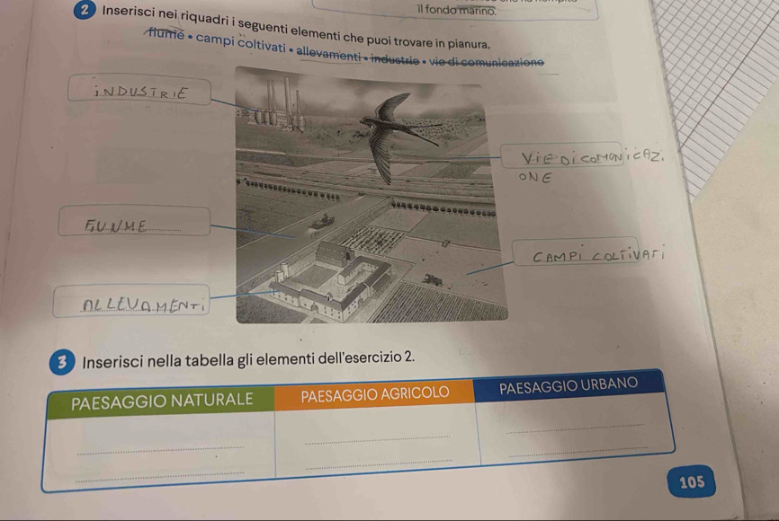 il fondo marino. 
2 Inserisci nei riquadri i seguenti elementi che puoi trovare in pianura. 
flume • campi coltivati » allevamenti » iione 

U 
_ 
_ 
3 Inserisci nella tabella gli elementi dell'esercizio 2. 
PAESAGGIO NATURALE PAESAGGIO AGRICOLO PAESAGGIO URBANO 
_ 
_ 
_ 
_ 
_ 
_
105