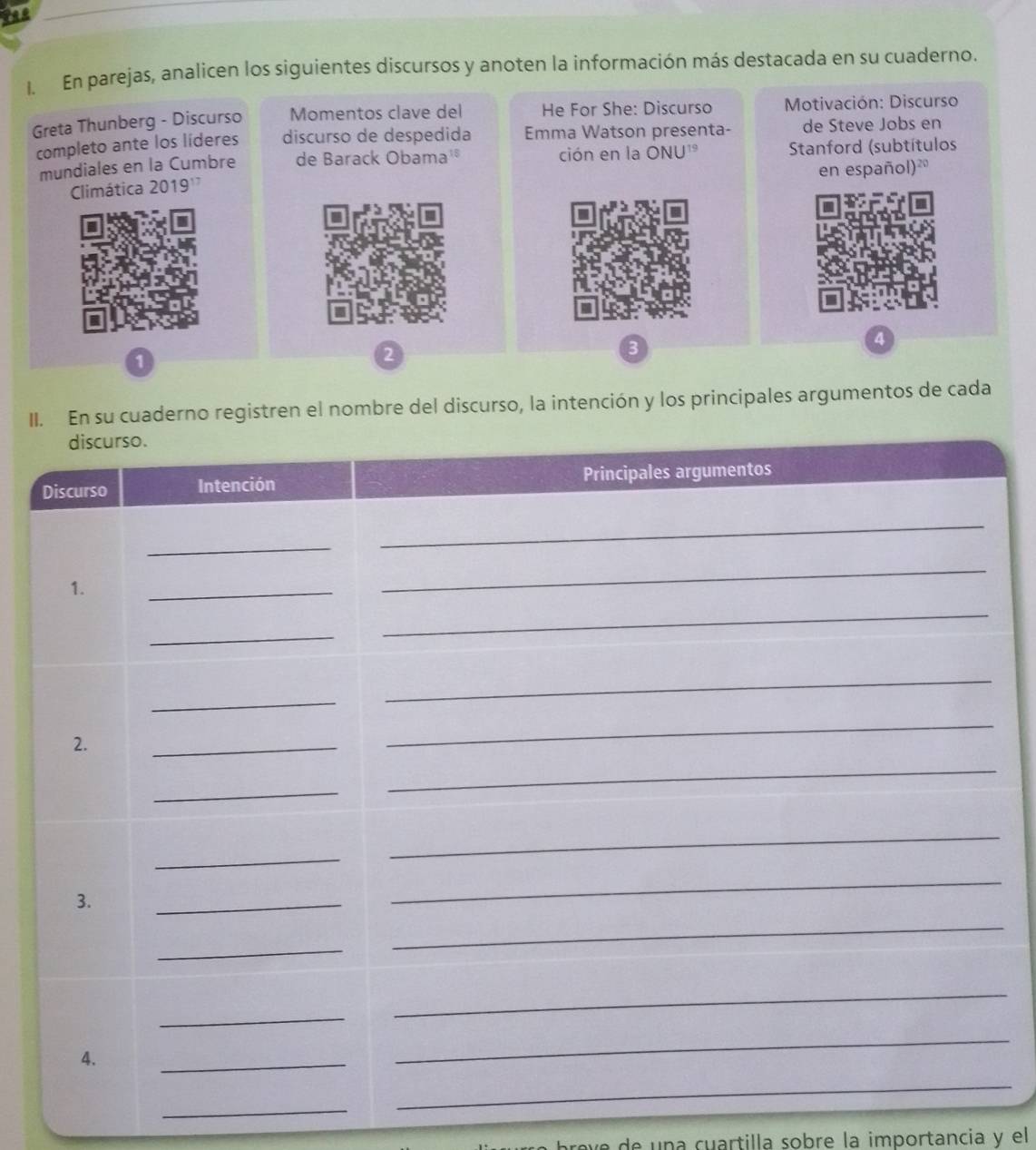 the 
I. En parejas, analicen los siguientes discursos y anoten la información más destacada en su cuaderno. 
Greta Thunberg - Discurso Momentos clave del He For She: Discurso Motivación: Discurso 
completo ante los líderes discurso de despedida Emma Watson presenta- de Steve Jobs en 
mundiales en la Cumbre de Barack Obama¹® ción en la ONU¹° Stanford (subtítulos 
Climática 2019'' en español) 
3 
4 
1 
2 
II. En su cuaderno registren el nombre del discurso, la intención y los principales argumentos de cada 
_ 
de una cuartilla sobre la importancia y el