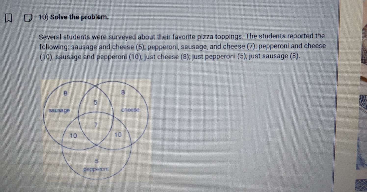 Solve the problem. 
Several students were surveyed about their favorite pizza toppings. The students reported the 
following; sausage and cheese (5); pepperoni, sausage, and cheese (7); pepperoni and cheese 
(10); sausage and pepperoni (10); just cheese (8); just pepperoni (5); just sausage (8).