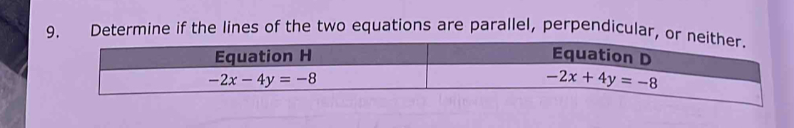 Determine if the lines of the two equations are parallel, perpendicular, .