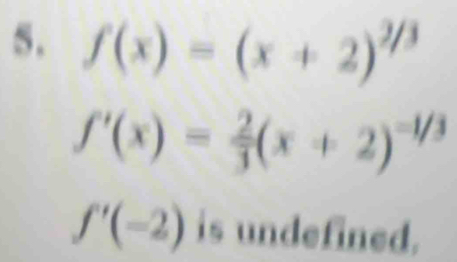 f(x)=(x+2)^2/3
f'(x)= 2/3 (x+2)^-1/3
f'(-2) is undefined.