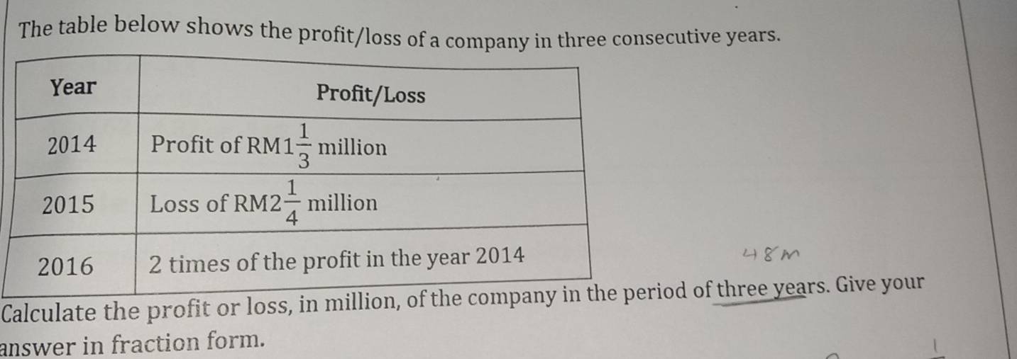 The table below shows the profit/loss of a company in three consecutive years.
Calculate the profit or loss, in million, d of three years. Give your
answer in fraction form.