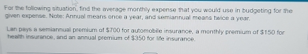 For the following situation, find the average monthly expense that you would use in budgeting for the 
given expense. Note: Annual means once a year, and semiannual means twice a year. 
Lan pays a semiannual premium of $700 for automobile insurance, a monthly premium of $150 for 
health insurance, and an annual premium of $350 for life insurance.