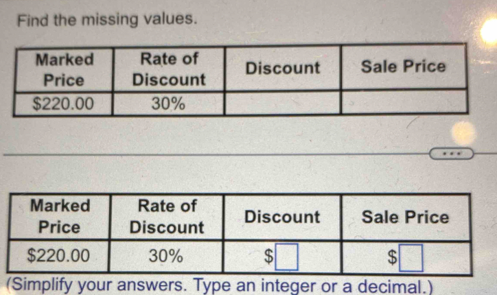 Find the missing values. 
(Simplify your answers. Type an integer or a decimal.)