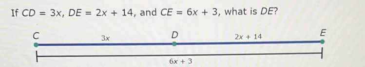 If CD=3x,DE=2x+14 , and CE=6x+3 , what is DE?