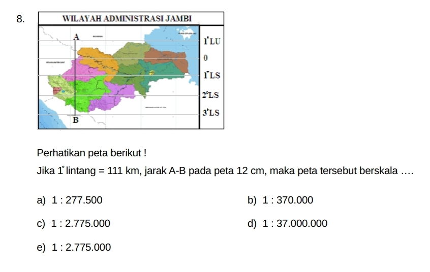 Solved: Perhatikan peta berikut ! Jika 1° lintang =111km , jarak A-B ...