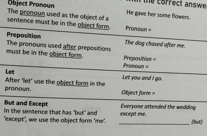 the correct answe . 
Object Pronoun He gave her some flowers. 
The pronoun used as the object of a 
sentence must be in the object form. Pronoun = 
Preposition The dog chased after me. 
The pronouns used after prepositions 
must be in the object form. Preposition = 
Pronoun = 
Let Let you and I go. 
After ‘let’ use the object form in the 
pronoun. Object form = 
But and Except Everyone attended the wedding 
In the sentence that has ‘but’ and except me. 
‘except’, we use the object form ‘me’. _(but)